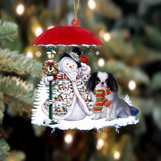 Dog Christmas Ornament, Japanese Chin With Snowman Christmas Ornament, Pet Christmas Ornaments