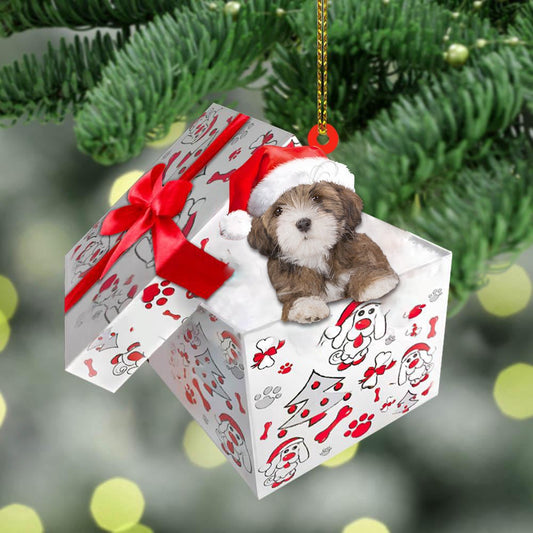 Dog Christmas Ornament, Lhasa Apso In Gift Box Christmas Ornament, Pet Christmas Ornaments