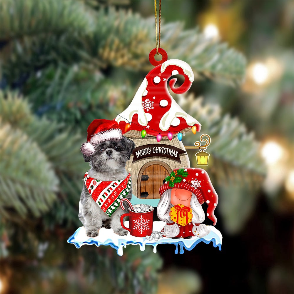 Dog Christmas Ornament, Lhasa Apso With Mushroom House Christmas Ornament, Pet Christmas Ornaments
