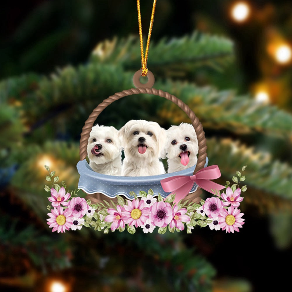 Dog Christmas Ornament, Maltese Dogs In The Basket Ornament, Pet Christmas Ornaments