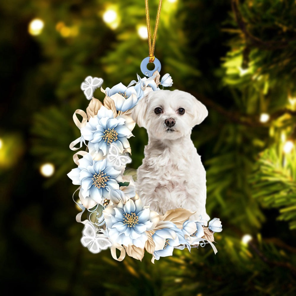 Dog Christmas Ornament, Maltese Flowers Moon Ornament, Pet Christmas Ornaments