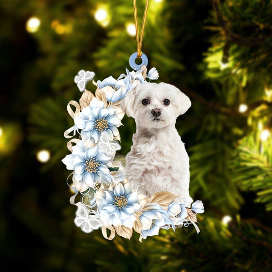 Dog Christmas Ornament, Maltese Flowers Moon Ornament, Pet Christmas Ornaments