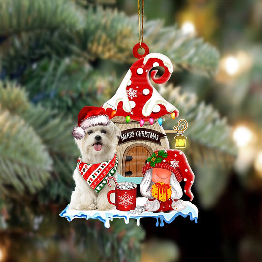 Dog Christmas Ornament, Maltese With Mushroom House Christmas Ornament, Pet Christmas Ornaments