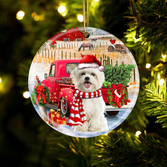 Dog Christmas Ornament, Maltese With Red Truck Christmas Ornament, Pet Christmas Ornaments