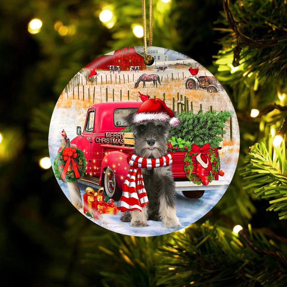 Dog Christmas Ornament, Miniature Schnauzer With Red Truck Christmas Ornament, Pet Christmas Ornaments
