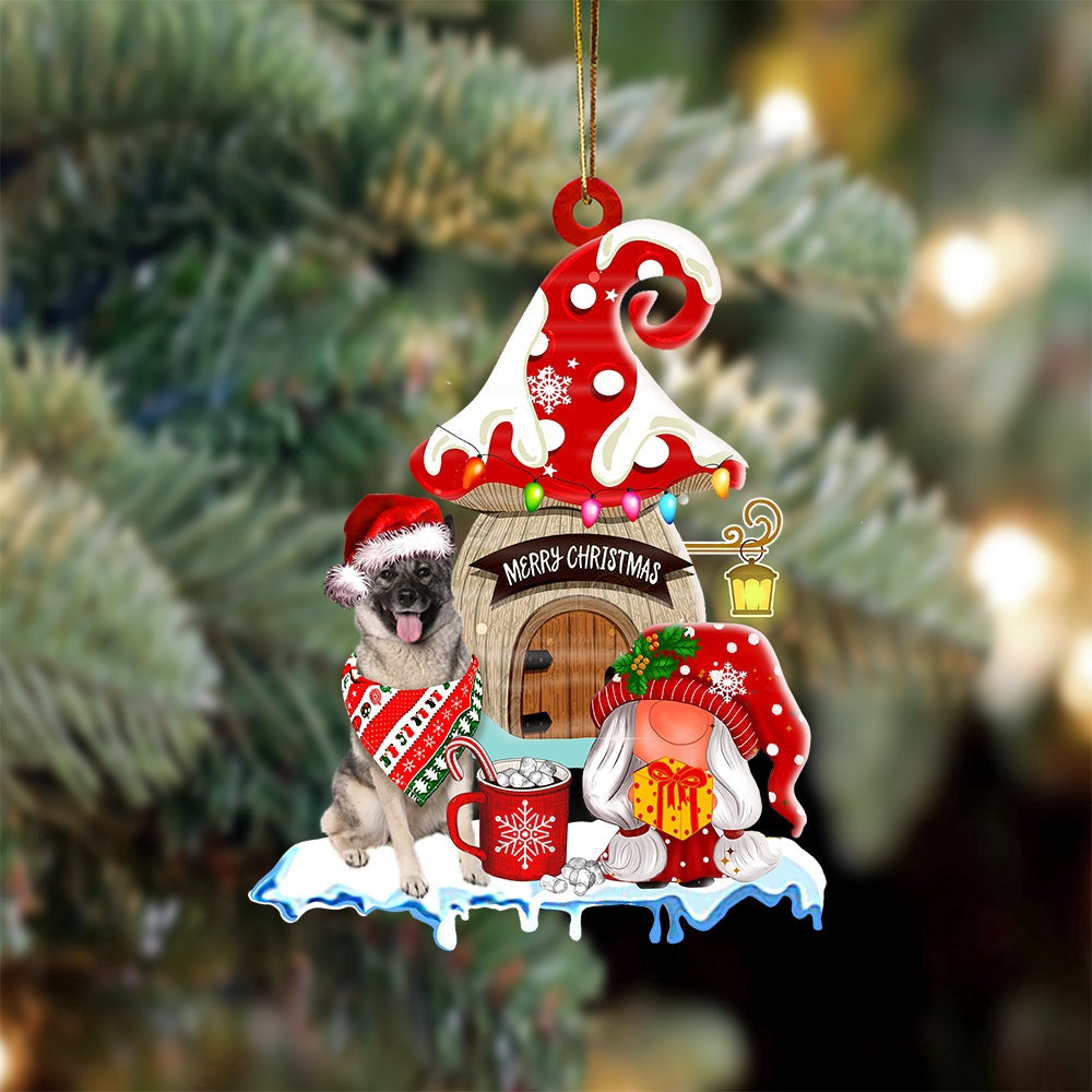 Dog Christmas Ornament, Norwegian Elkhound With Mushroom House Christmas Ornament, Pet Christmas Ornaments