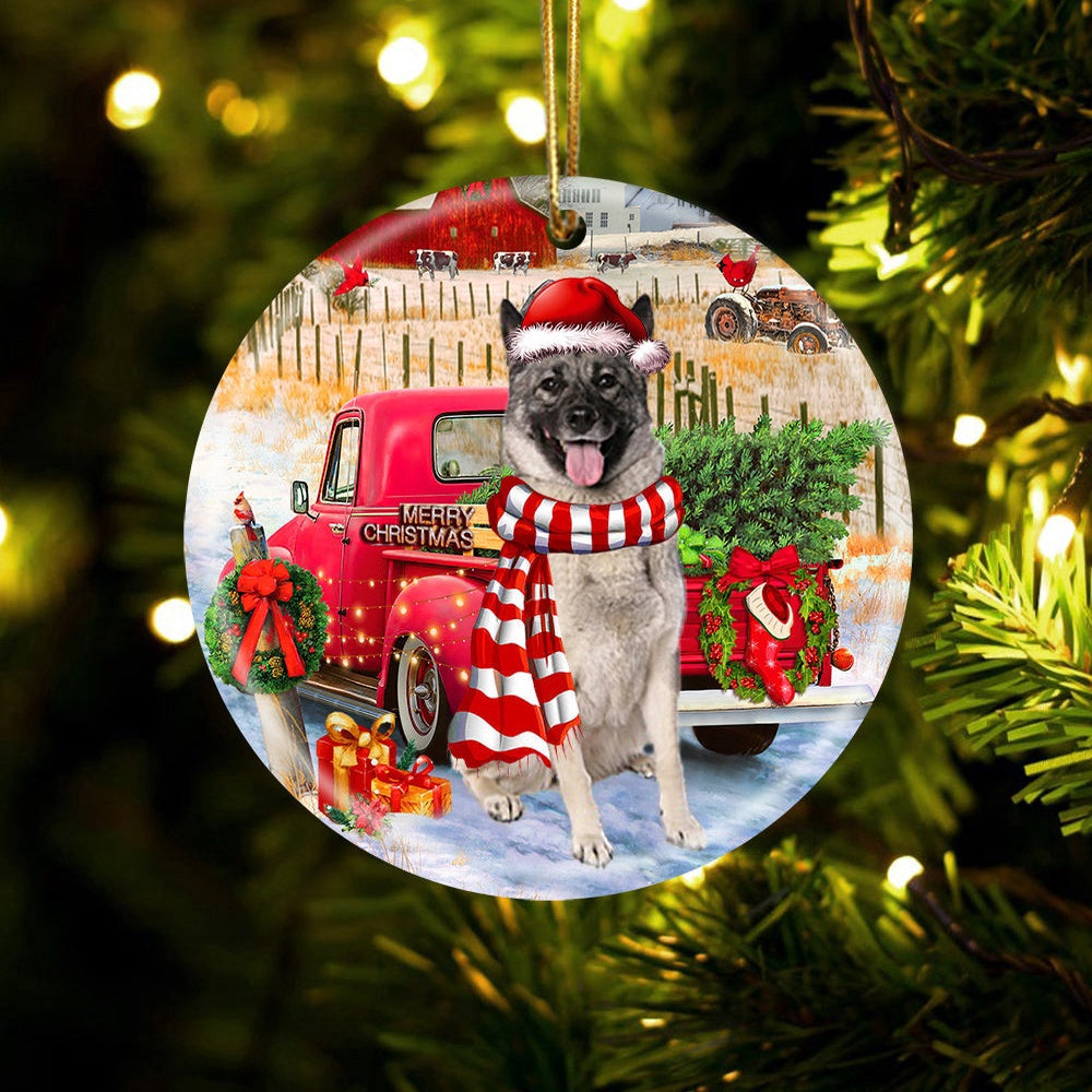 Dog Christmas Ornament, Norwegian Elkhound With Red Truck Christmas Ornament, Pet Christmas Ornaments