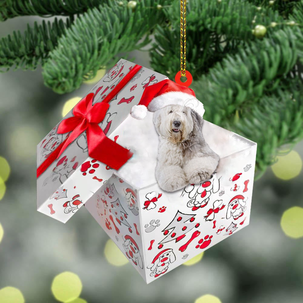 Dog Christmas Ornament, Old English Sheepdog In Gift Box Christmas Ornament, Pet Christmas Ornaments