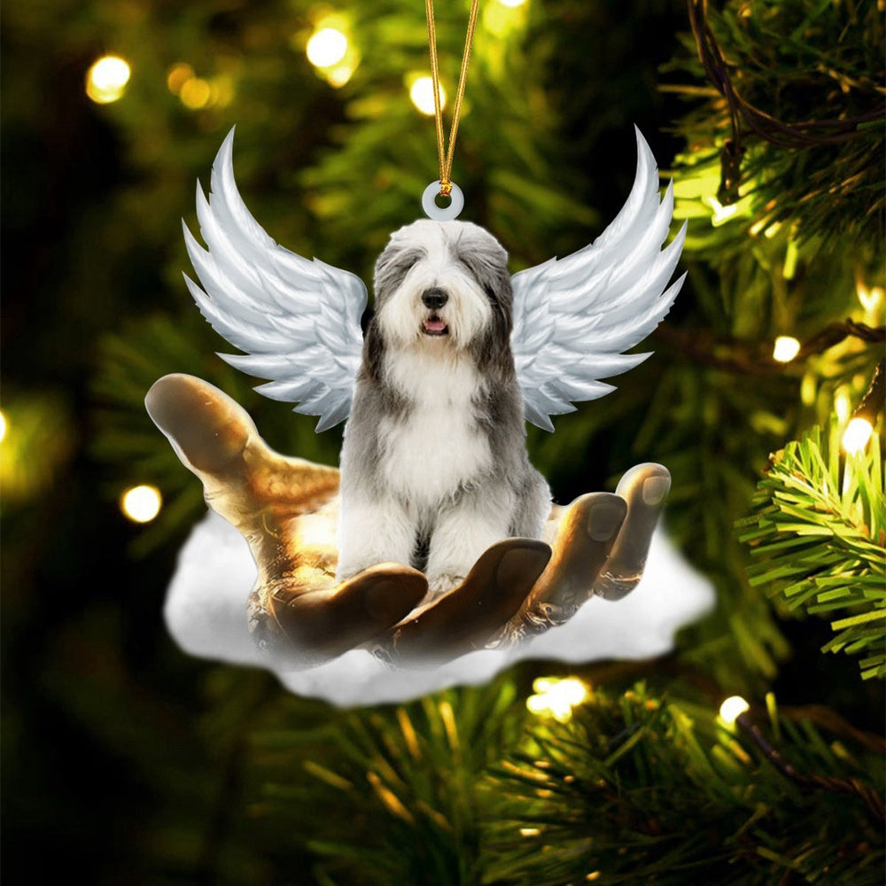 Dog Christmas Ornament, Old English Sheepdog On The Hands Of Jesus Ornament, Pet Christmas Ornaments