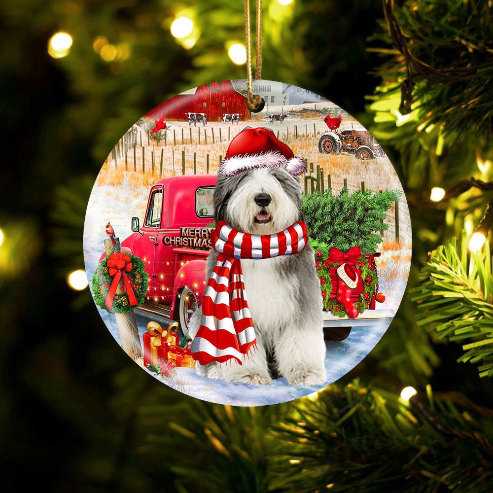 Dog Christmas Ornament, Old English Sheepdog With Red Truck Christmas Ornament, Pet Christmas Ornaments
