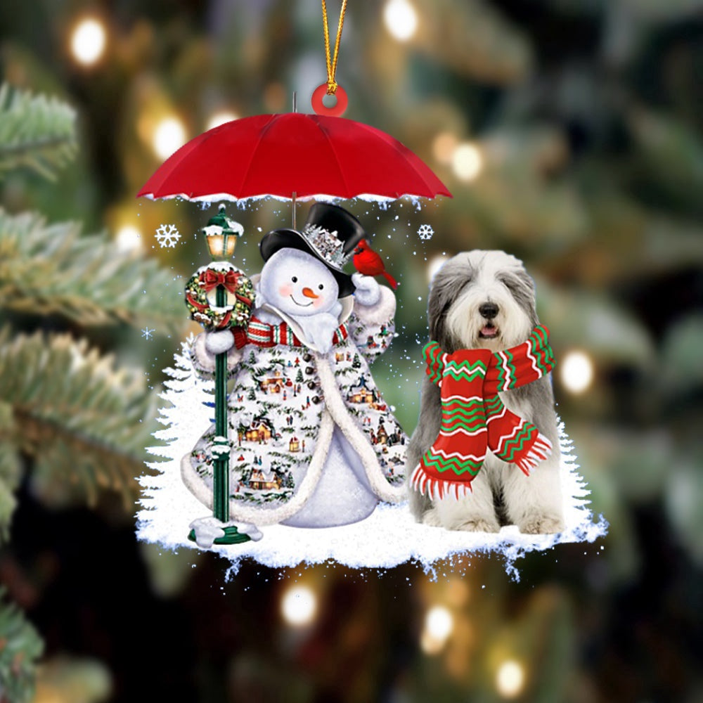 Dog Christmas Ornament, Old English Sheepdog With Snowman Christmas Ornament, Pet Christmas Ornaments