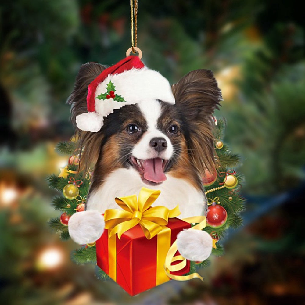 Dog Christmas Ornament, Papillon Dogs Give Gifts Hanging Ornament, Pet Christmas Ornaments