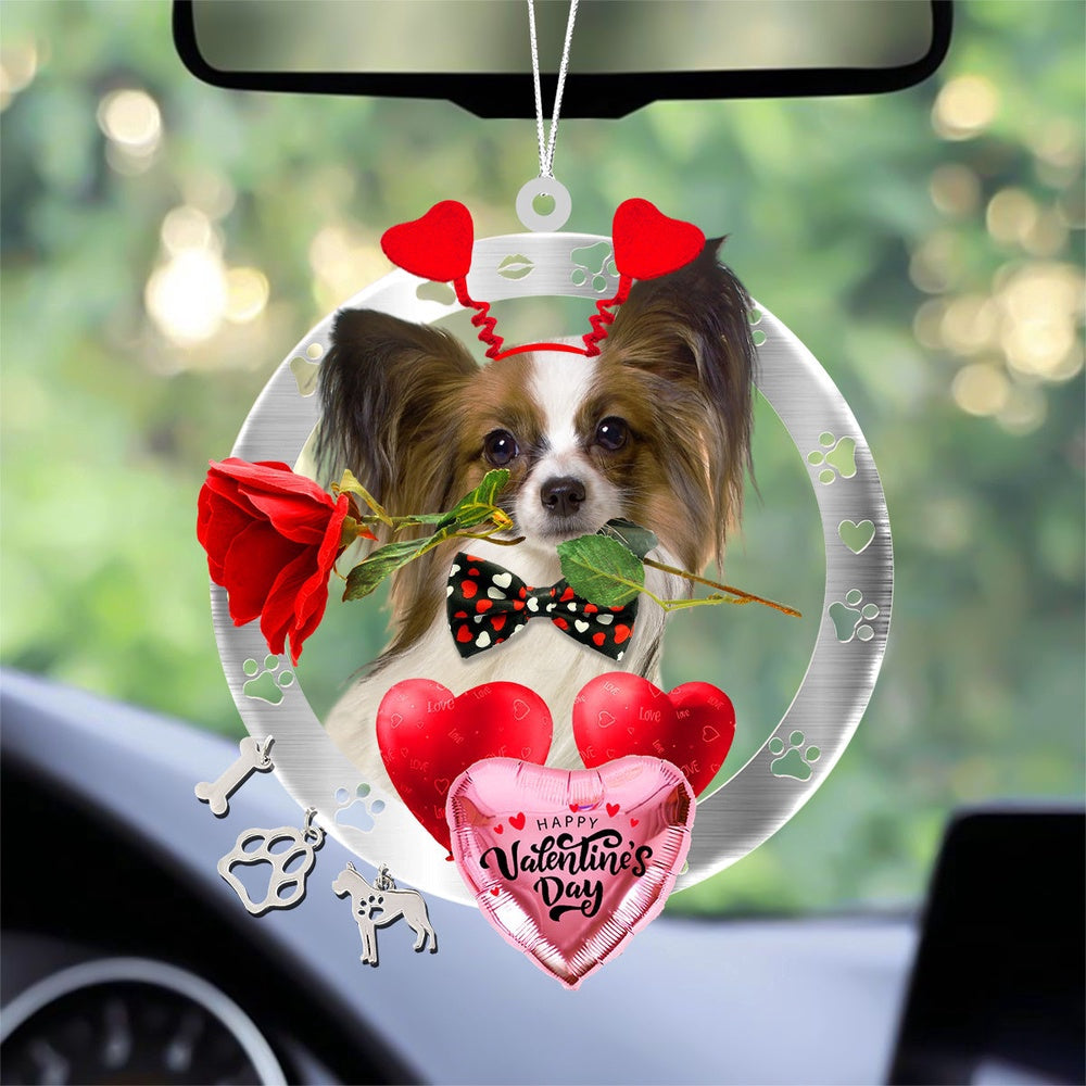 Dog Christmas Ornament, Papillon With Rose & Heart Balloon Ornament, Pet Christmas Ornaments
