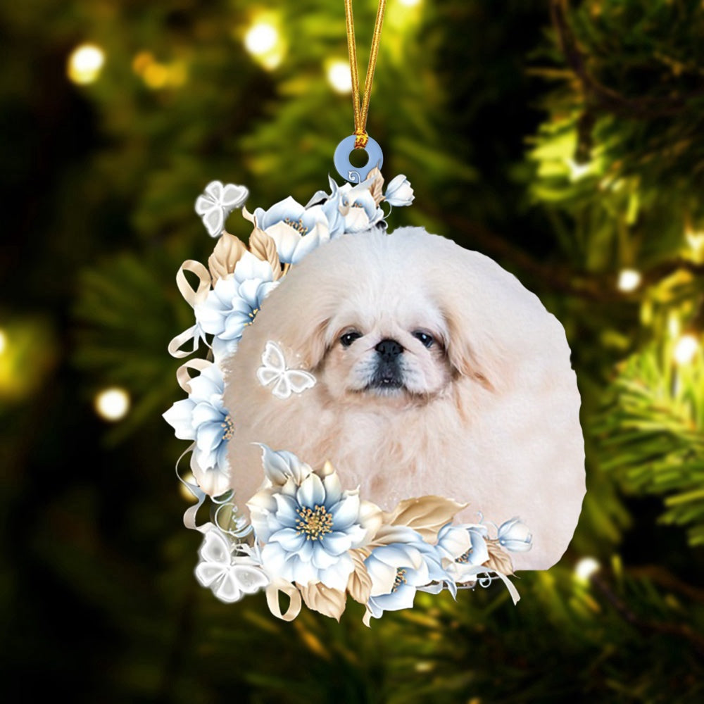 Dog Christmas Ornament, Pekingese Flowers Moon Ornament, Pet Christmas Ornaments