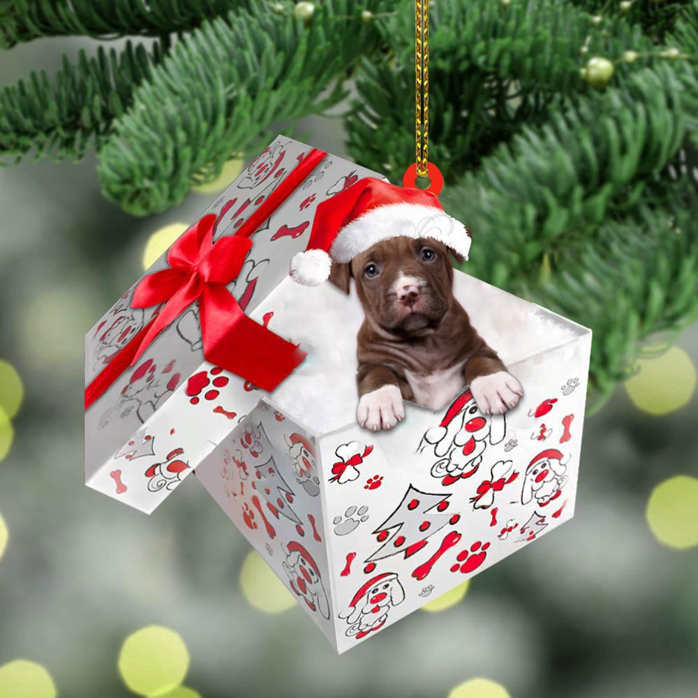 Dog Christmas Ornament, Pit Bull In Gift Box Christmas Ornament, Pet Christmas Ornaments