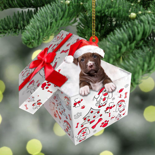 Dog Christmas Ornament, Pit Bull In Gift Box Christmas Ornament, Pet Christmas Ornaments