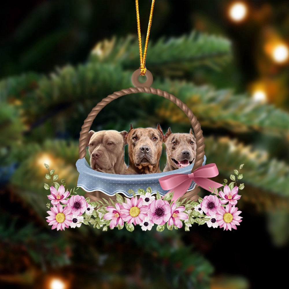 Dog Christmas Ornament, Pitbull Dogs In The Basket Ornament, Pet Christmas Ornaments