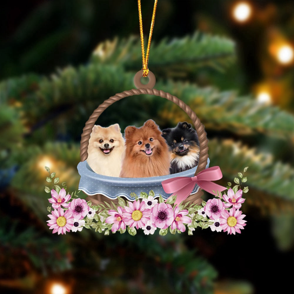 Dog Christmas Ornament, Pomeranian Dogs In The Basket Ornament, Pet Christmas Ornaments