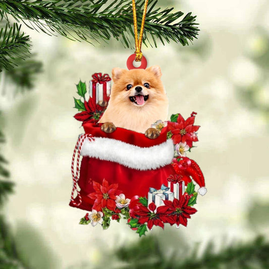Dog Christmas Ornament, Pomeranian In Gift Bag Christmas Ornament, Pet Christmas Ornaments