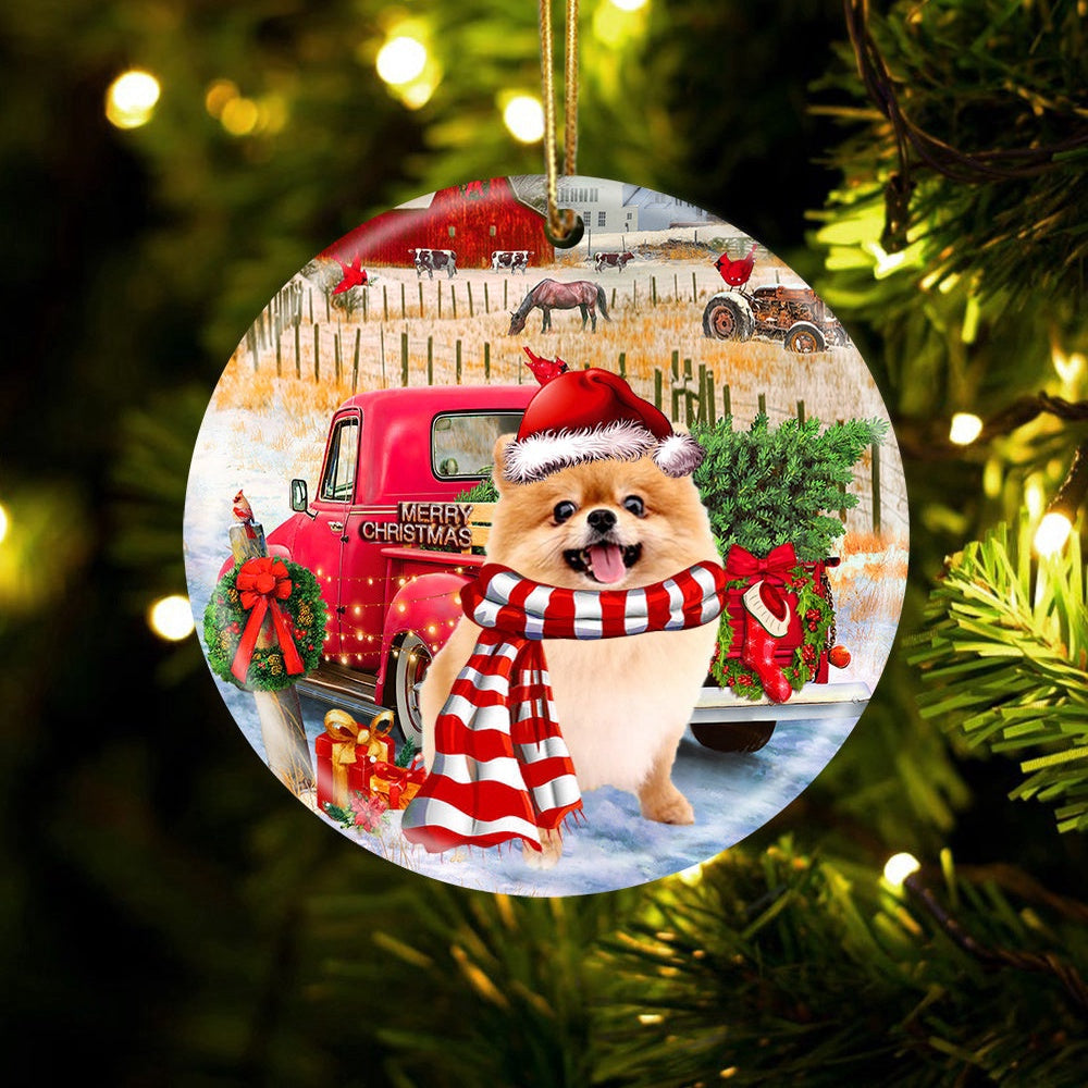 Dog Christmas Ornament, Pomeranian With Red Truck Christmas Ornament, Pet Christmas Ornaments