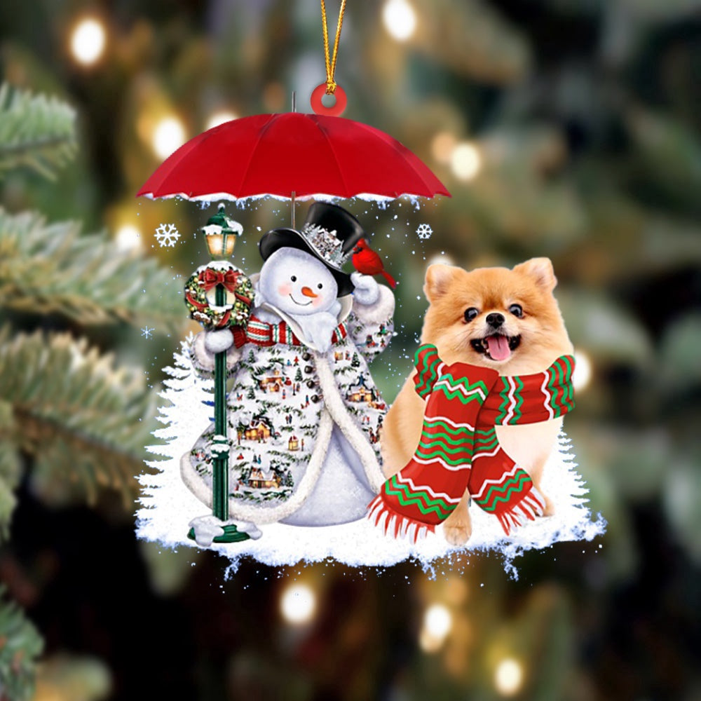 Dog Christmas Ornament, Pomeranian With Snowman Christmas Ornament, Pet Christmas Ornaments