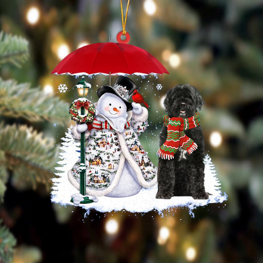 Dog Christmas Ornament, Portuguese Water Dog With Snowman Christmas Ornament, Pet Christmas Ornaments