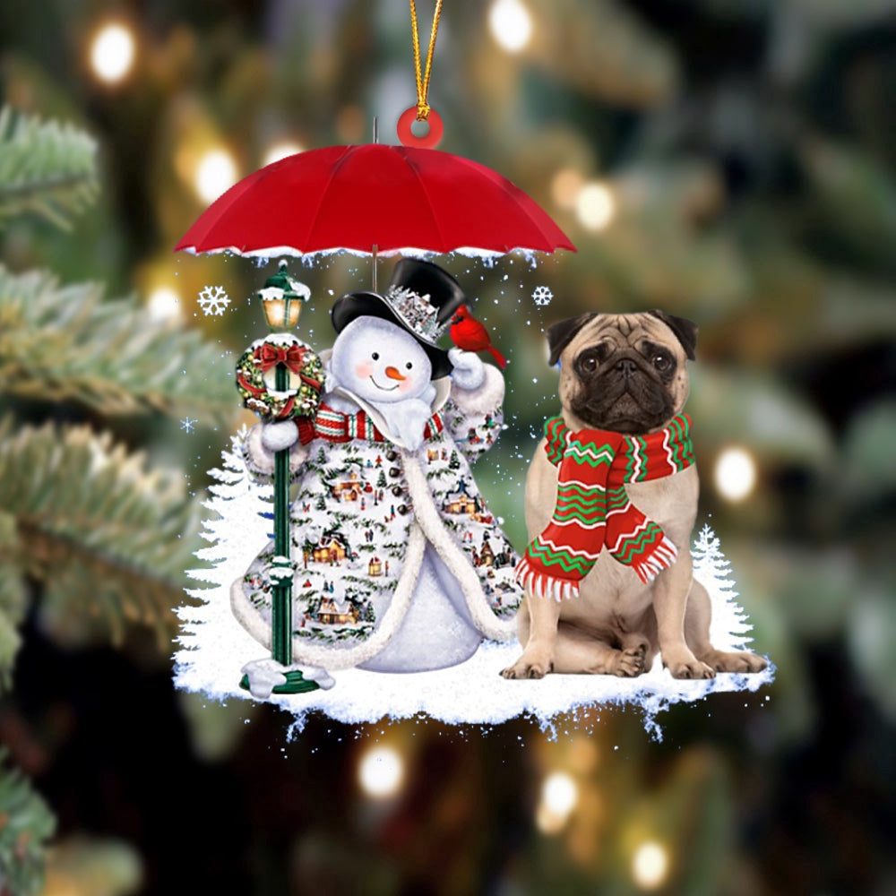 Dog Christmas Ornament, Pug 2 With Snowman Christmas Ornament, Pet Christmas Ornaments