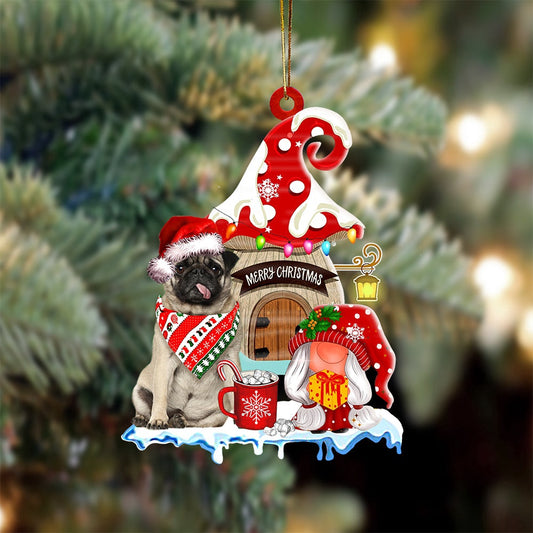 Dog Christmas Ornament, Pug With Mushroom House Christmas Ornament, Pet Christmas Ornaments