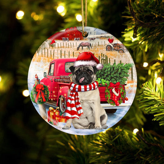 Dog Christmas Ornament, Pug With Red Truck Christmas Ornament, Pet Christmas Ornaments