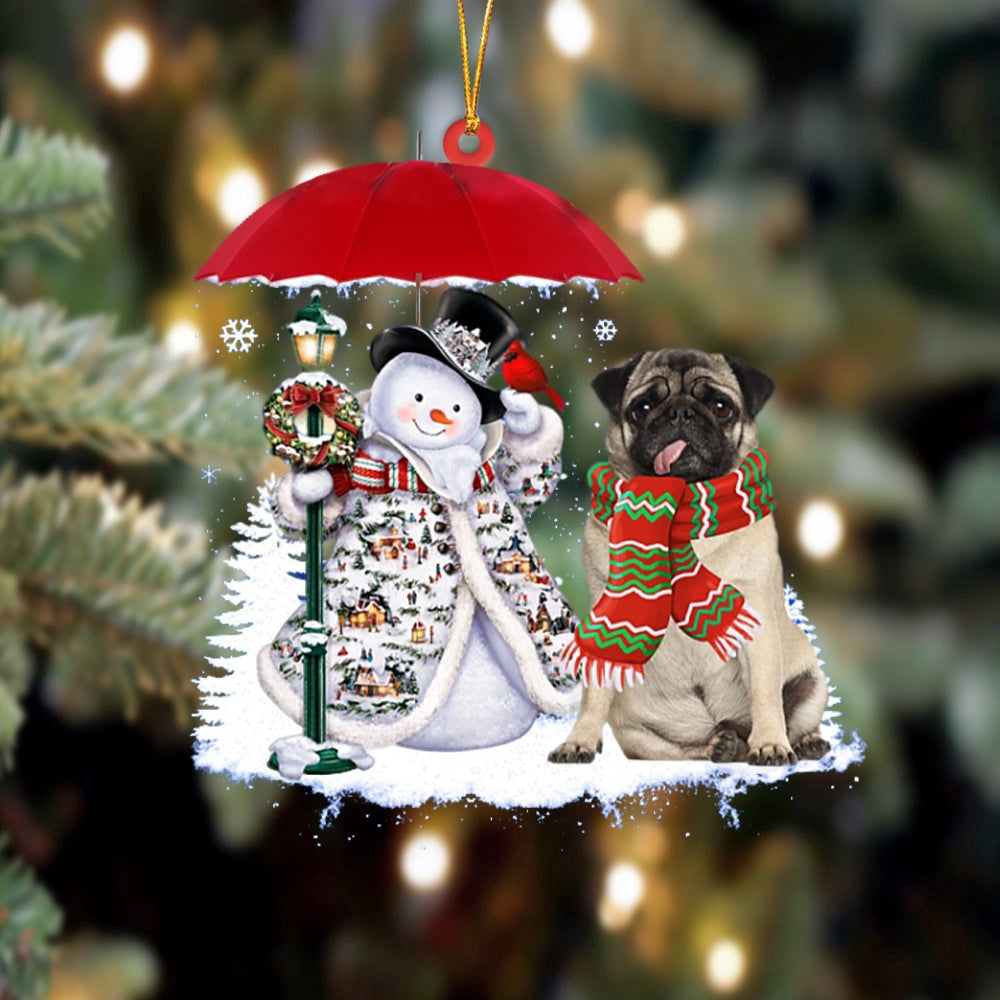 Dog Christmas Ornament, Pug With Snowman Christmas Ornament, Pet Christmas Ornaments