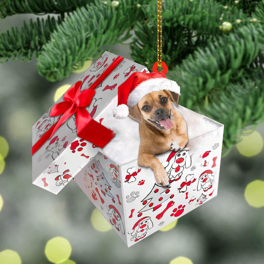 Dog Christmas Ornament, Puggle In Gift Box Christmas Ornament, Pet Christmas Ornaments
