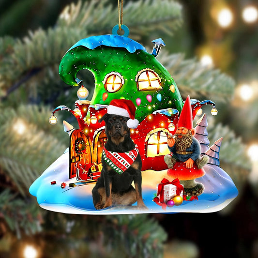 Dog Christmas Ornament, Rottweiler 2 With Rudolph'S House Christmas Ornament, Pet Christmas Ornaments