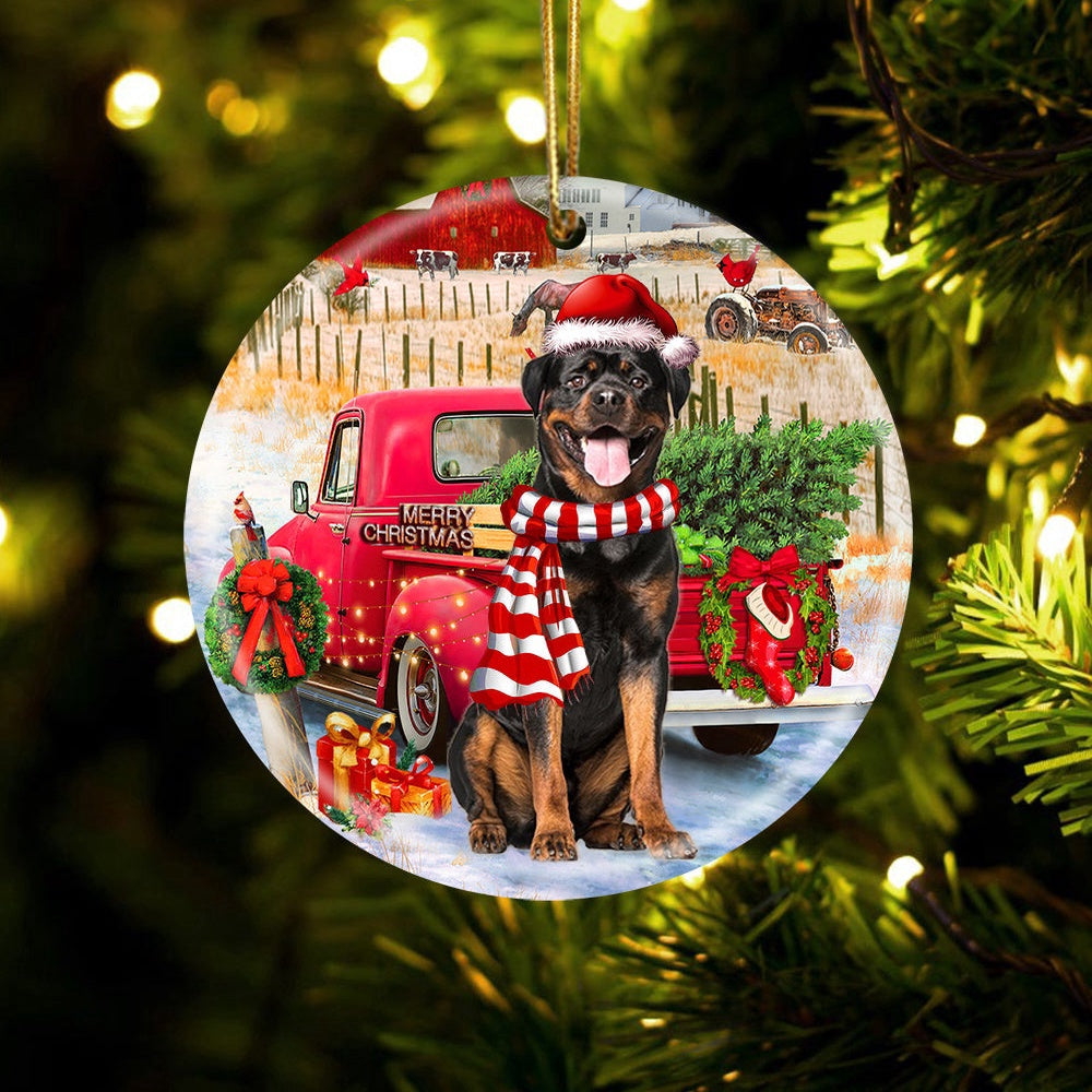 Dog Christmas Ornament, Rottweiler With Red Truck Christmas Ornament, Pet Christmas Ornaments