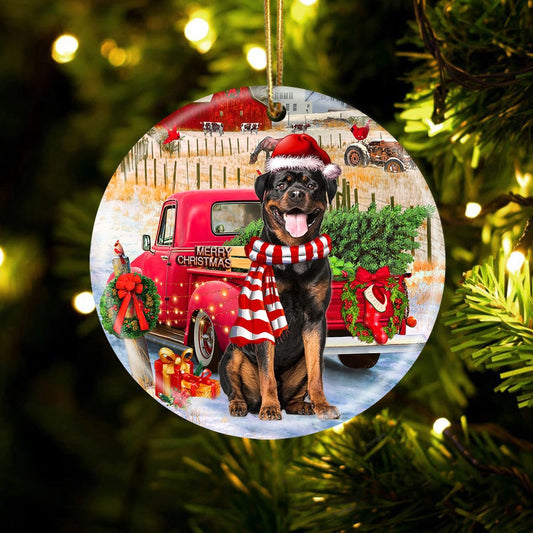 Dog Christmas Ornament, Rottweiler With Red Truck Christmas Ornament, Pet Christmas Ornaments