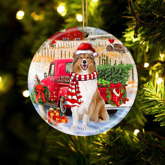 Dog Christmas Ornament, Rough Collie With Red Truck Christmas Ornament, Pet Christmas Ornaments