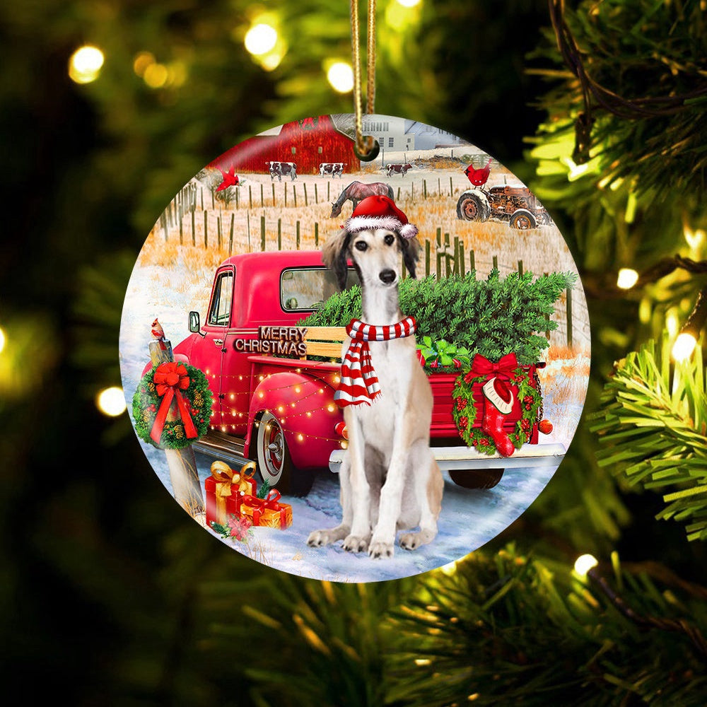 Dog Christmas Ornament, Saluki With Red Truck Christmas Ornament, Pet Christmas Ornaments