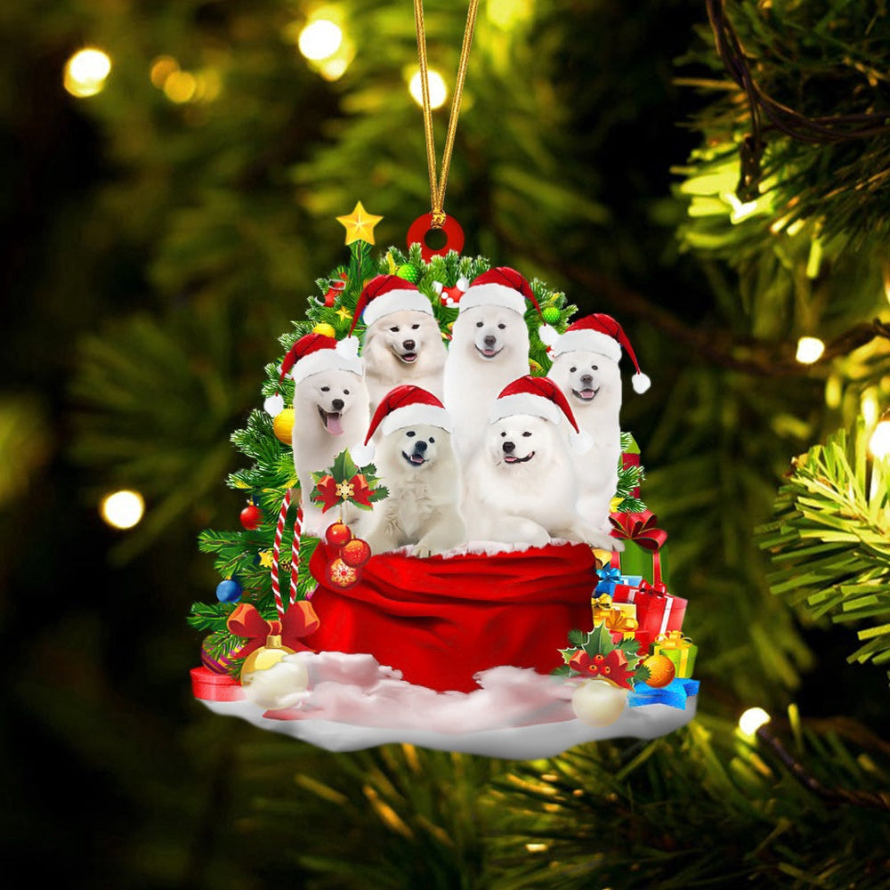 Dog Christmas Ornament, Samoyed Dogs In A Gift Bag Christmas Ornament, Pet Christmas Ornaments