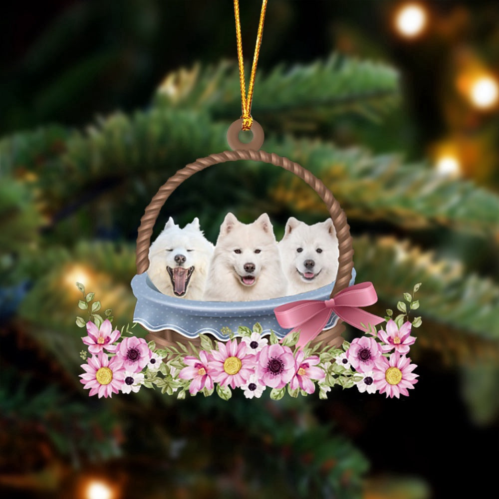 Dog Christmas Ornament, Samoyed Dogs In The Basket Ornament, Pet Christmas Ornaments