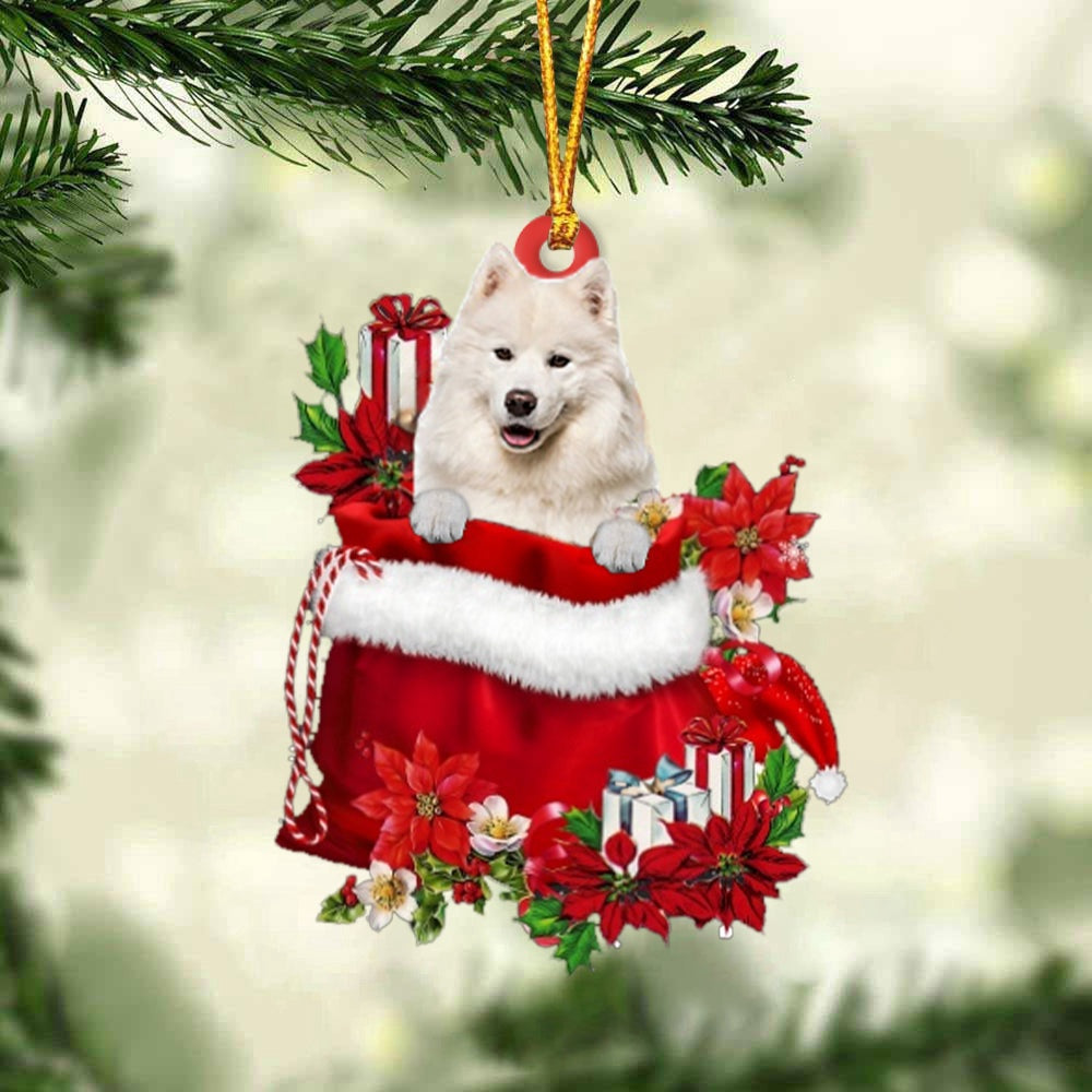 Dog Christmas Ornament, Samoyed In Gift Bag Christmas Ornament, Pet Christmas Ornaments