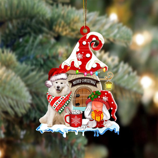 Dog Christmas Ornament, Samoyed With Mushroom House Christmas Ornament, Pet Christmas Ornaments