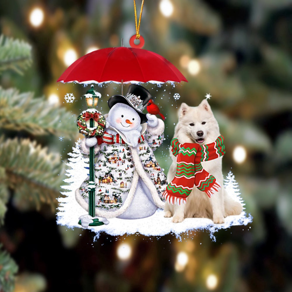 Dog Christmas Ornament, Samoyed With Snowman Christmas Ornament, Pet Christmas Ornaments
