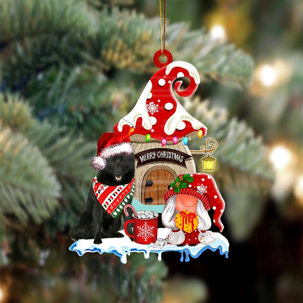 Dog Christmas Ornament, Schipperke With Mushroom House Christmas Ornament, Pet Christmas Ornaments