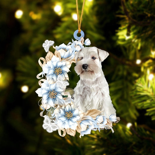 Dog Christmas Ornament, Schnauzer Flowers Moon Ornament, Pet Christmas Ornaments