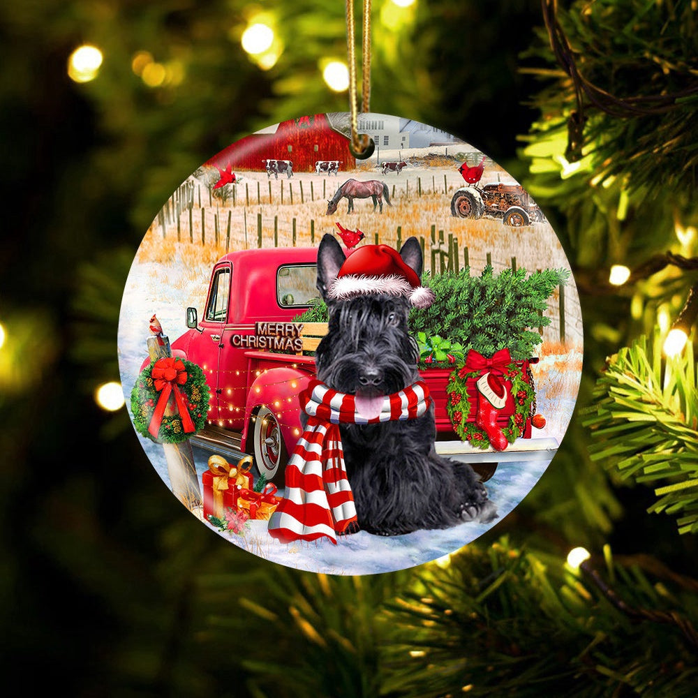 Dog Christmas Ornament, Scottish Terrier With Red Truck Christmas Ornament, Pet Christmas Ornaments