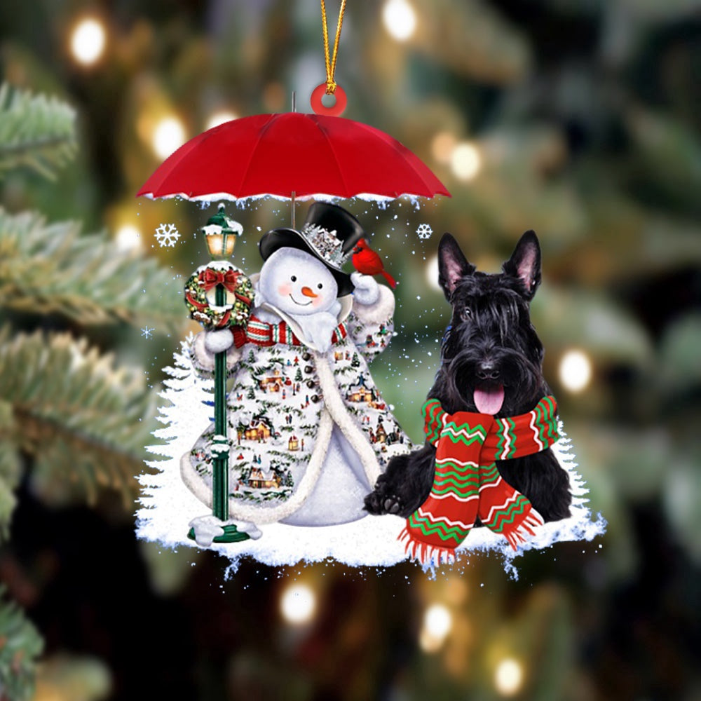 Dog Christmas Ornament, Scottish Terrier With Snowman Christmas Ornament, Pet Christmas Ornaments