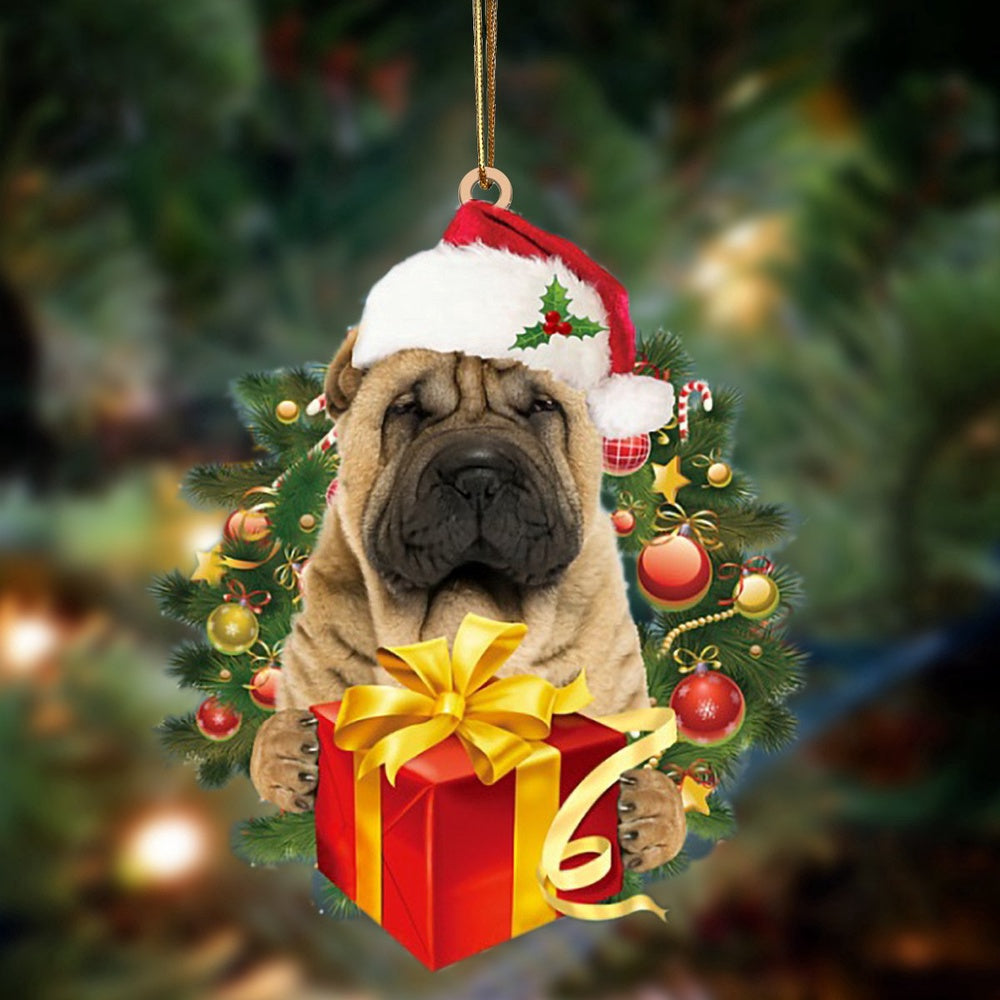 Dog Christmas Ornament, Shar Pei Dogs Give Gifts Hanging Ornament, Pet Christmas Ornaments