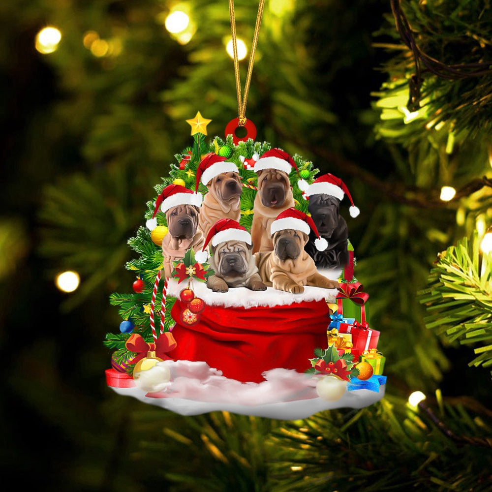 Dog Christmas Ornament, Shar Pei Dogs In A Gift Bag Christmas Ornament, Pet Christmas Ornaments