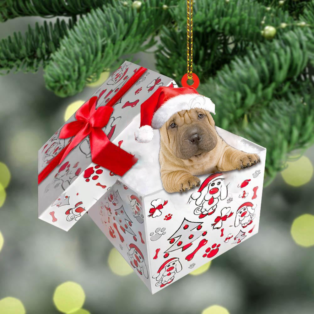 Dog Christmas Ornament, Shar Pei In Gift Box Christmas Ornament, Pet Christmas Ornaments