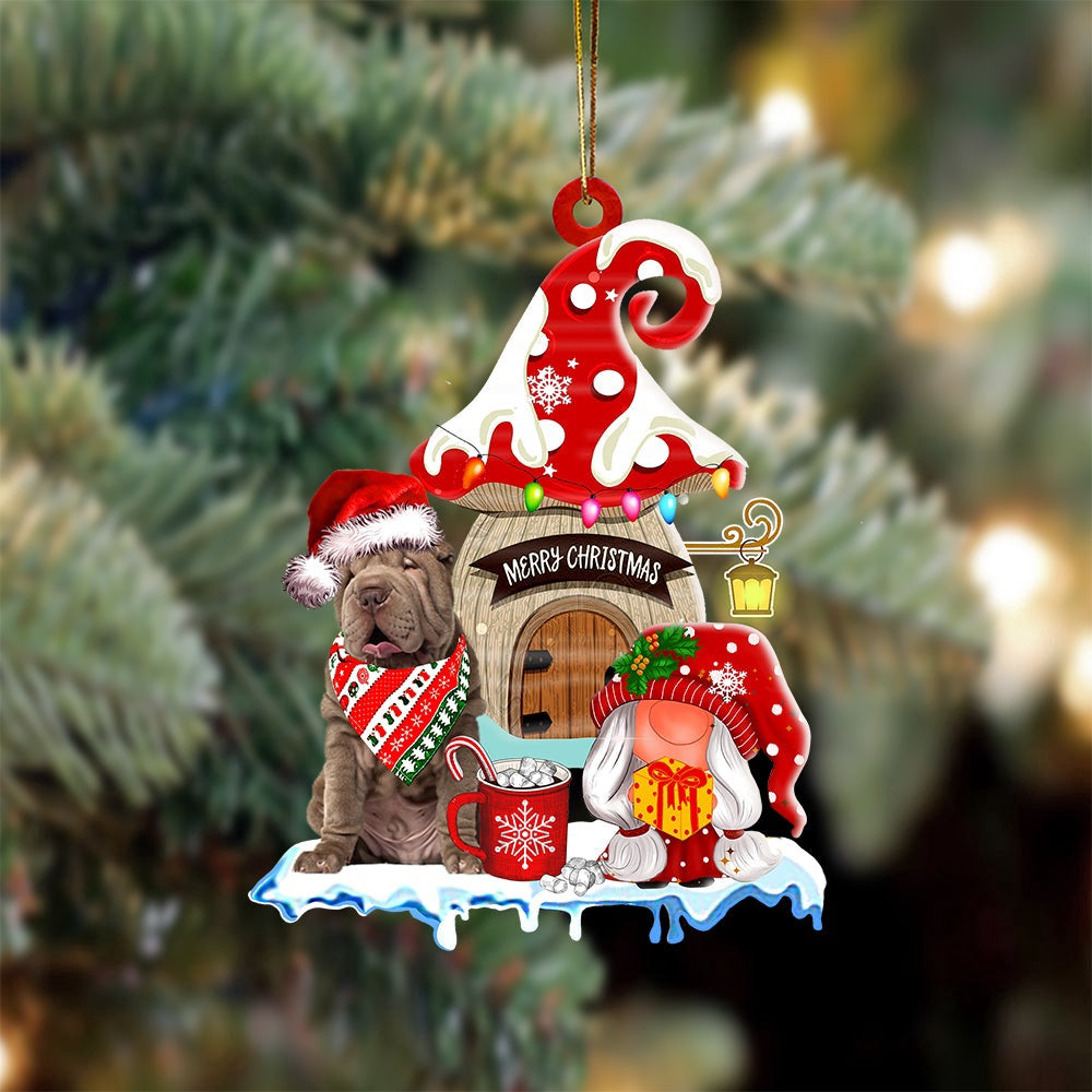Dog Christmas Ornament, Shar Pei With Mushroom House Christmas Ornament, Pet Christmas Ornaments