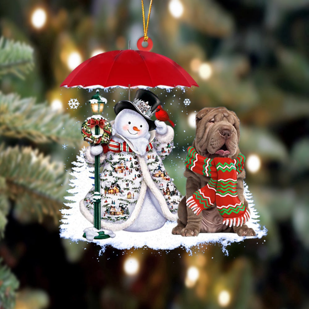 Dog Christmas Ornament, Shar Pei With Snowman Christmas Ornament, Pet Christmas Ornaments